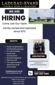 Flyer announcing hiring at the funeral home